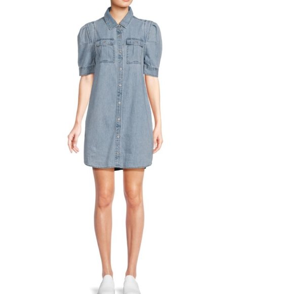 Womens DKNY Jeans Chambray Denim Puffy Sleeve Dress Size Medium  Large Light NWT - Picture 1 of 2
